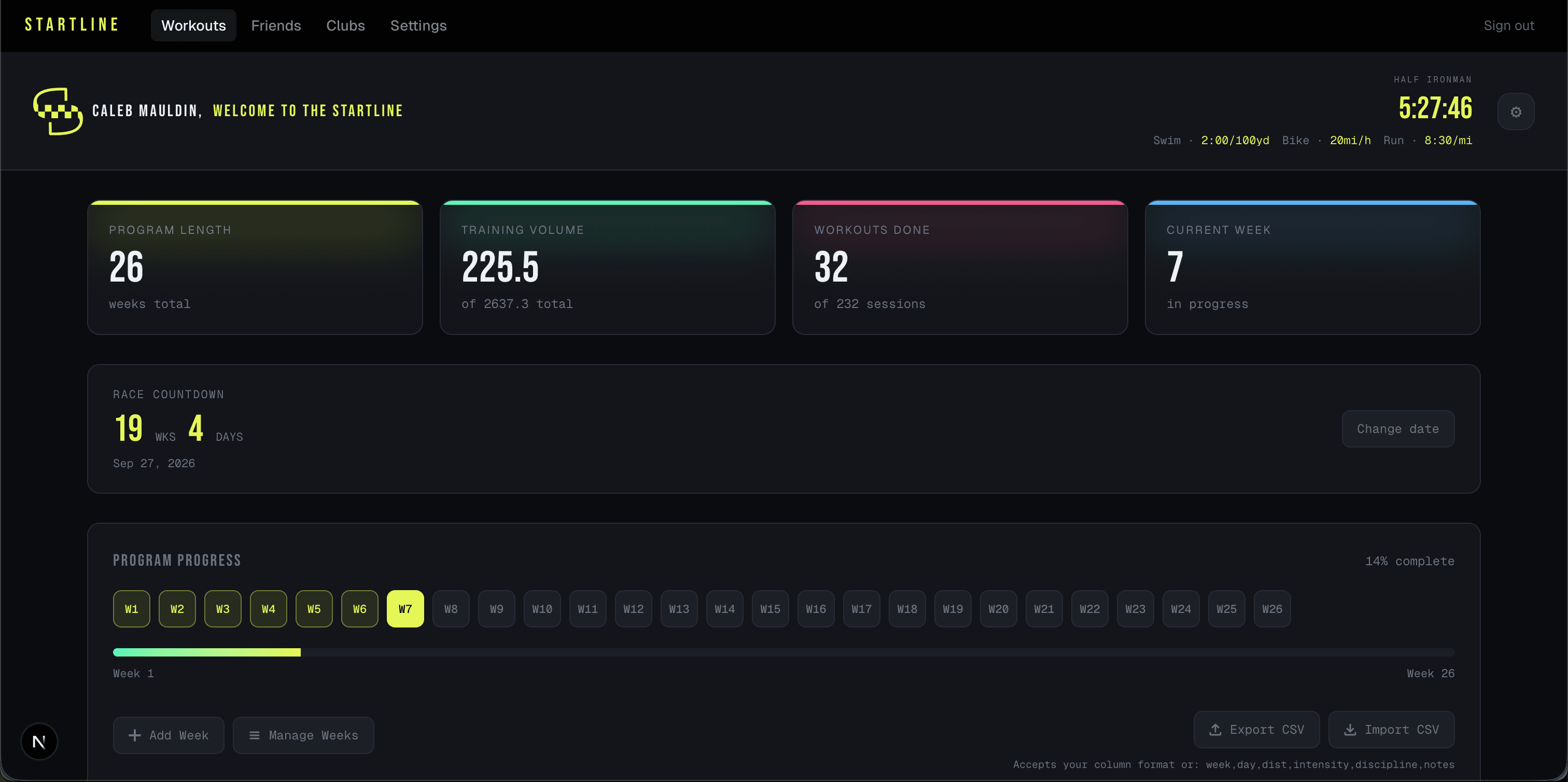 Startline dashboard showing training stats and race countdown